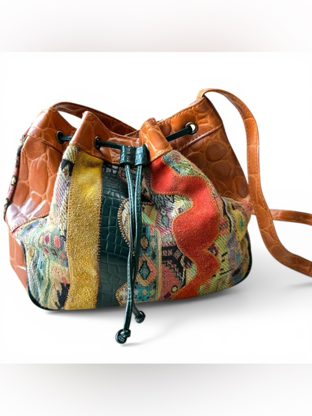 VTG Latinas Montreal Patchwork Leather & Tapestry Drawstring Bucket Bag